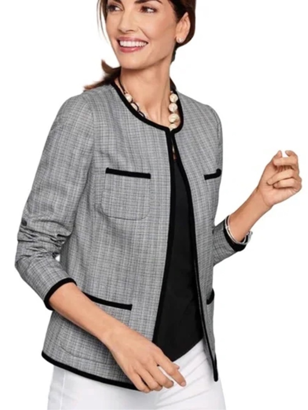 Talbots Westport Tweed Blazer Jacket Open Front Patch Pockets Refined Fashion